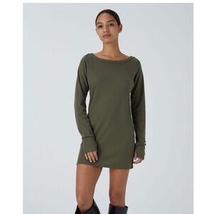 Halara Waffle Knit Boat Neck Raglan Sleeve  Dress Olive Green Thumbhole NWT L